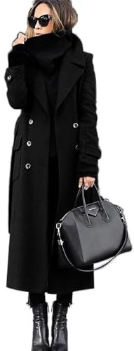 Godoboo Damen Wollmantel mit Umlegekragen Lang Damen Trenchcoat Zweireiher mit Gürtel Damen Frühling Jacke Winddichte Slim Fit Einfarbig Midimantel