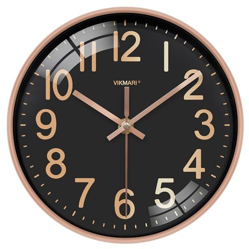 VIKMARI 10 Inch Wall Clock, Silent Black & Gold Easy to Read Modern Clock for Kitchen Living Room Bedroom Home School