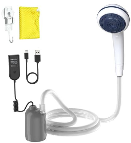 Pompe de douche portable 12 V haute pression compatible avec prise allume-cigare de voiture et banques d'alimentation portables à charge rapide par USB-C, douche extérieure pour camping, camping-car