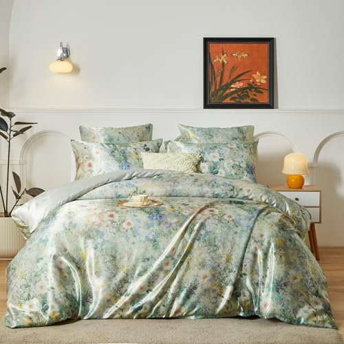 YASMENG Satin Bettwäsche 220x240 Bunt Blumen Floral Motive Satin Bettwäsche Glänzend Glatt Deluxe Bettbezug Set Weich Seidig Seide Bettwäsche 3 Teilig mit Reißverschluss und 2 Kissenbezüge 80x80 cm