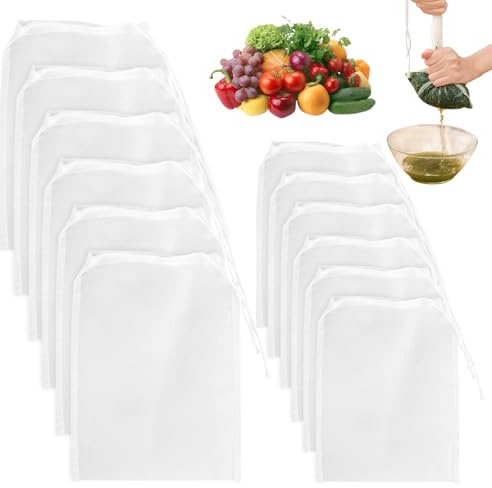 12 Stück Nussmilchbeutel, 20 × 30cm/15 x 20cm Feingewebt Passiertuch Wiederverwendbar, Nylon Filterbeutel mit Kordelzug, Käsetuch für Nussmilch, Kaffee, Fruchtsaft