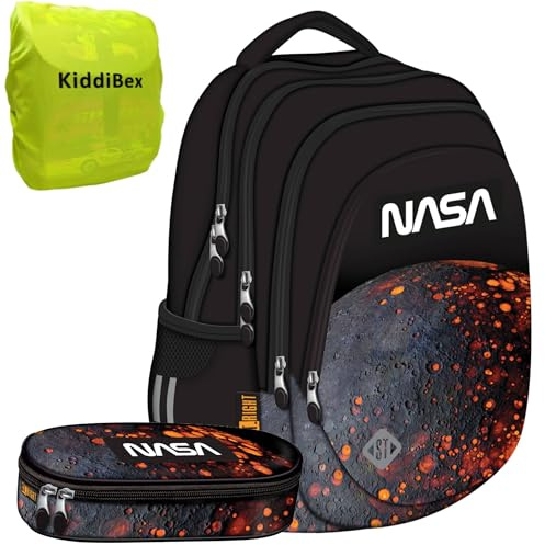 KiddiBex Nasa Schulrucksack Teenager Jungen Set 3 Teilig - Schulrucksack Jungen, Schulranzen ab 5. Klasse - Rucksack Schule, Schultasche Jungen - Ergonomischer Schulranzen