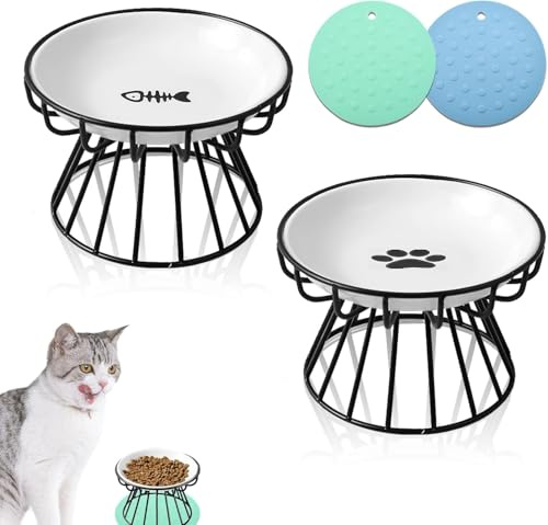 2Pcs Cat Feeding Bow with Raised Stand Metal Holder Base Elevated Pets Bowl Anti Vomiting and Prevent Neck Pain for Cats Puppy Dogs