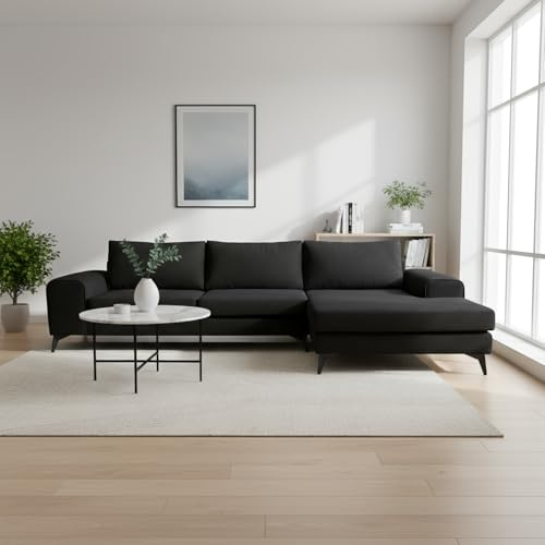 Abakus Direct | Venice Corner Sofa – Modern L-Shaped Sofa with Basket Weave Fabric, Scatter Back Cushions, Left or Right Hand Facing – Available in 9 Colours (Black, Right Hand Facing)