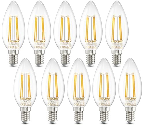 DiCUNO E14 Kerze LED Lampe für Kronleuchter, 4W, 480lm, 2700K, 10er Pack | LED Filament C35, Ersetzt 40W Glühfaden, Warmweiß, E14 B Lampe in Kerzenform, klarglas, nicht dimmbar, 230V AC