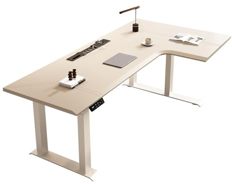ZENGXJYCQINGJIANG Gaming Desk L-Shaped Electric Standing Desk with Charging Outlets, Height Adjustable Corner Home Office with Saddle Leather Top(M)
