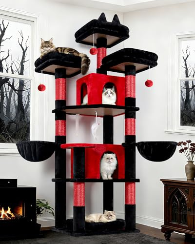 Globlazer F68B Cat Tree Tower for 2/3 Indoor Cats with 3 Perches, 2 Caves | Cat Tree 174 cm with Multiple Lounging Areas, Sisal Scratching Post, Easy to Assemble Cat Tower for Kitten Senior Cat
