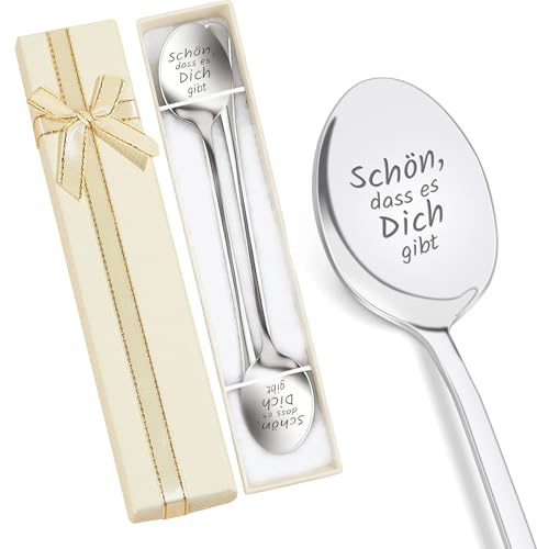 2 Stück personalisierte Kaffeelöffel mit Gravur im Geschenkset, Schön dass es Dich gibt, Hochglanzpoliert, inkl. Geschenkbox & Stoffbeutel, Valentinstag Geburtstag Hochzeitstag Geschenk