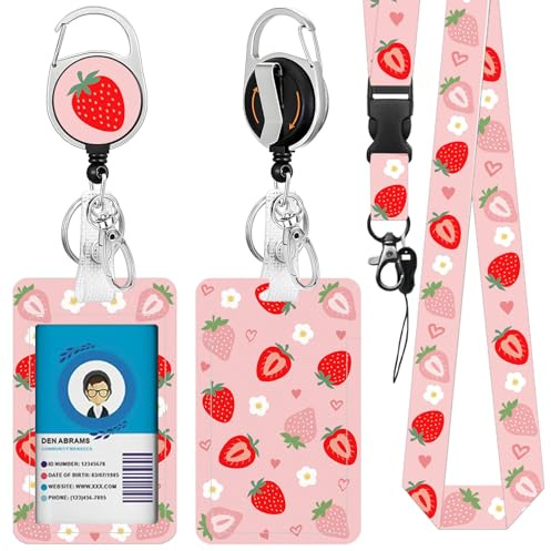 Strawberry ID Card Holder with Retractable Lanyard, Pink ID Badge Holder with Breakaway Lanyard for Students, Heavy-Duty Retractable Reel Clip, Identity Card Teacher Doctor Office Gift