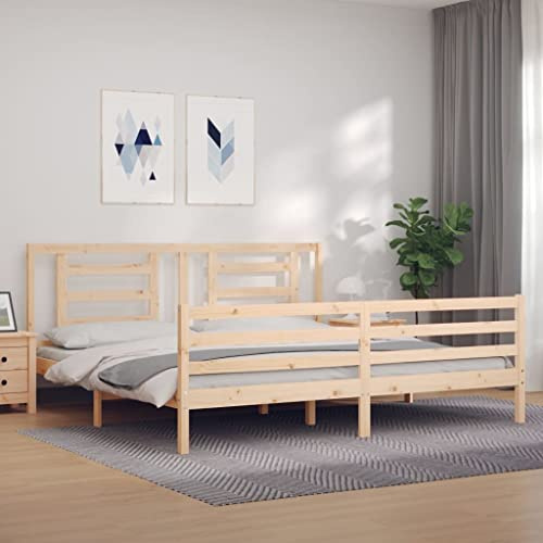 Hoopleep Massivholzbett mit Kopfteil, 200x200 cm Kiefernholz Bettrahmen mit Sperrholzlatten, Robustes Doppelbett für Schlafzimmer, Rustikales Design, Natürliches Holz Finish