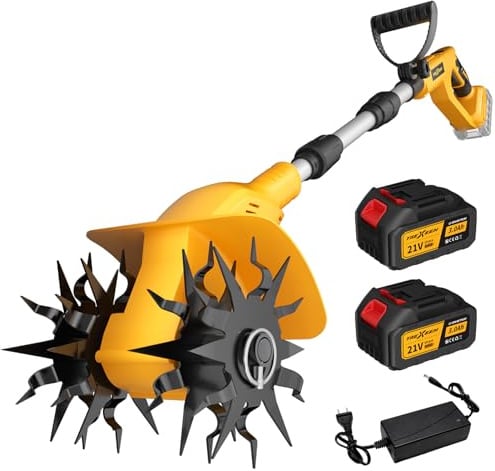 Motozappa a Batteria 21V, 360 RPM TREXEEN Motozappa Elettrica con 2 Batterie 3.0Ah e Caricatore, Larghezza di Lavoro 20cm e Profondità 16cm per Coltivazione Suolo in Giardini e Prati