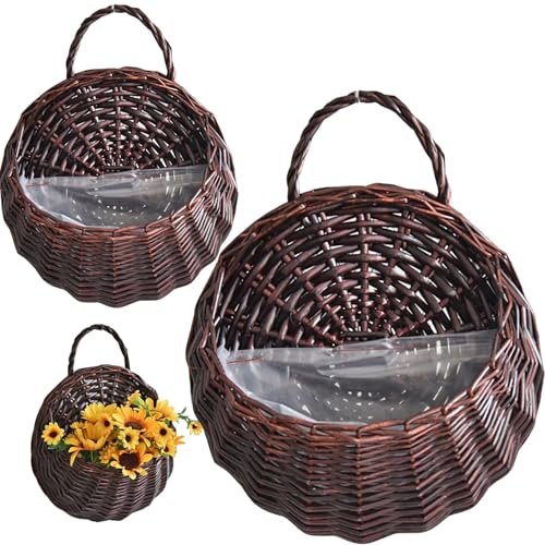 ptumcial Rattan-Pflanzgefäß zum Aufhängen 2 Stück natürliches Rattan Vintage-Wand-Hängekorb Aufbewahrung Pflanzkorb Wand-Blumentopf für Zuhause Dunkelbraun