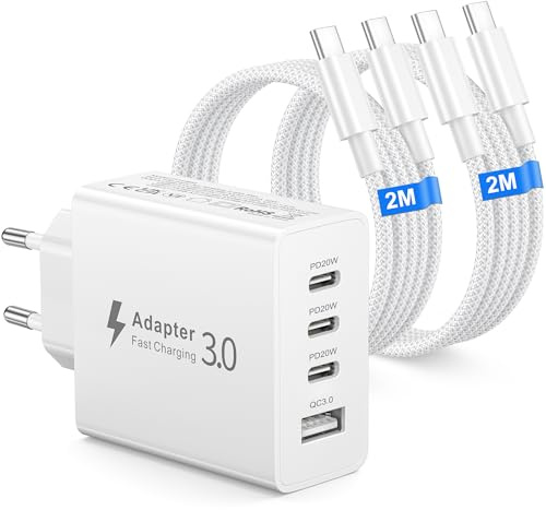 50W USB C Ladegerät, 4 Ports Mehrfach Ladegerät mit 2×2M USB-C auf USBC Kabel, USBC Netzteil PD 3.0 Power Adapter USB Stecker für iPhone 18 17 16 15 14 13 12 11 Pro Max XR 8 7 Plus Mini SE, Samsung