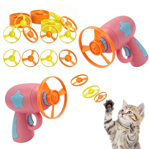 Katzen Spielzeug Interaktives mit 2 Rosa Launchers , 20 Bunten Flugscheiben | 2 Stück Katzenspielzeug Propeller Spielzeug für Katzen, Cat Fetch Toy für Indoor und Outdoor Training Jagen Schlagen