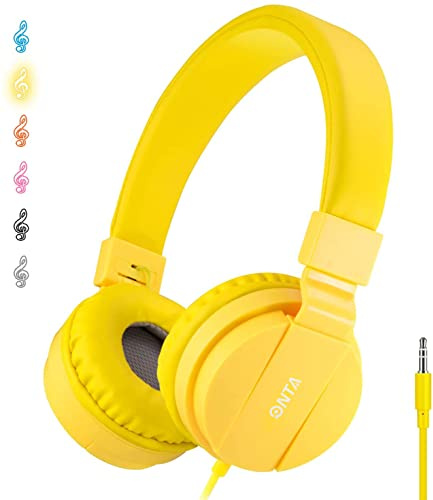 ONTA Casque filaire pour enfants avec cordon – Casque pour école, étudiant, tout-petit, volume sûr, prise jack 3,5 mm, supra-auriculaire pour iPad, tablette, ordinateur portable, voyage, jaune