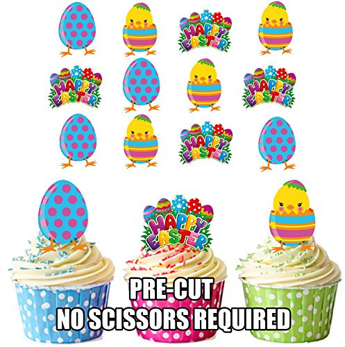 AK Giftshop PRE-CUT Happy Easter, Chick & Egg - Edible Cupcake Toppers/Cake Decorations (Pack of 12)