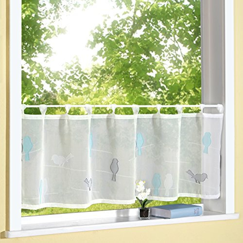 heimtexland ® Scheibengardine Natur Batist mit Schlaufen 45 x 140 cm gewebt mit süßen Vögeln in türkis Bistrogardine halbtransparent Modern Landhaus Gardine Vogel Ökotex Typ568