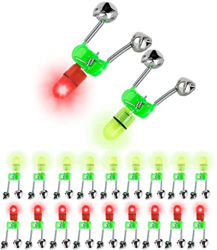 OHOH 20Pcs LED Night Fishing Rod Bite Bait Alarm Light with Twin Bells Ring Fishing Bite Alarm Indicator (10 Red Lights, 10 Green Lights)