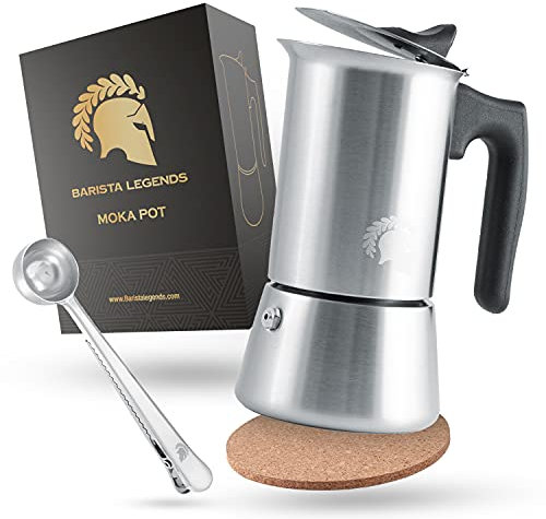 Barista Legends® Espressokocher Induktion geeignet - 200ml (4 Tassen) Kaffeekocher Edelstahl für den Herd oder fürs Camping - Kochen Sie leckeren Espresso mit unserer Mokkakanne inkl. Outdoor Set!