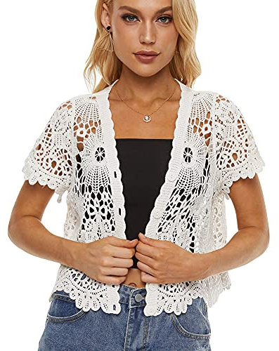 Women's Short Sleeve Bolero Shrugs Crochet Lace Open Cardigan, White-a, One Size