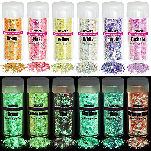 HEMOER 12 Couleurs Lumineuse Paillettes, 120g Fluorescent Paillette pour Visage, Qualité Cosmétique Paillette pour Corps, Cheveux, DIY Résine époxy, Art de fête du festival et plus -10g/Bouteille