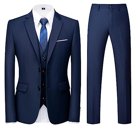 Men Suits 3 Piece Slim Fit Single Breasted Two Button Blue Wedding Tuxedo Suit Blazer Waistcoat Trousers(Blue,XXX-Larger)