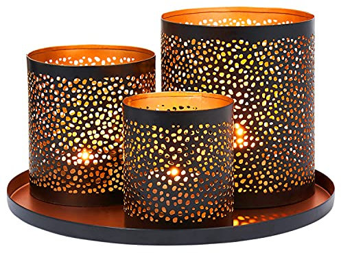 Marrakesch Orientalische Deko Set -4- Geschenke für Frauen und Männer | Tablett Serviertablett rund rutschfest 3X Teelichthalter | Moderne Aesthetic Deko Wohnzimmer Badezimmer Wohnung Dekoration