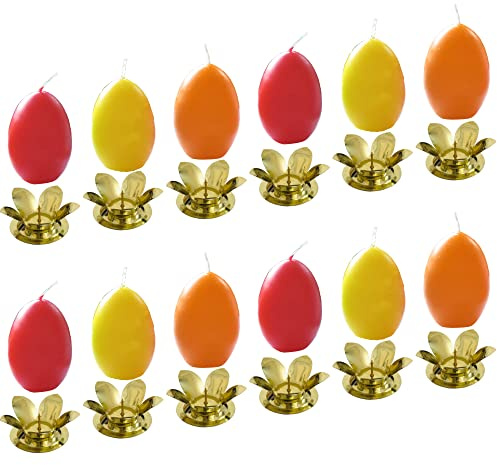 AUSWAHL Farbe + Menge - Eikerzen Dekoeier Kerze Osterei Eierkerzen farbig sortiert 4,5 x 6,5 cm inkl. Kerzenständer aus Metall - hier: 12 Stück [rot, gelb, orange]