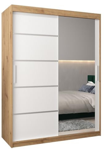 MEBLE KRYSPOL Kleiderschrank mit Spiegel Verona 2 - Garderobenschrank - Schrank Schlafzimmer - Mehrzweckschrank Zwei Schiebetüren - Regalen - Flur Möbel - Kleiderstange Schrank - Allzweckschrank