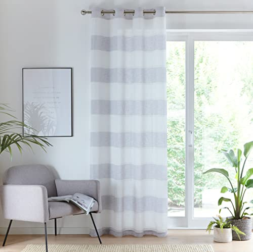 Tyrone Textiles Ltd Santorini Voile Panel - Linen Look Panel with Horizontal Coloured Stripes with an Eyelet header (Grey, Drop - 54 (137cm))