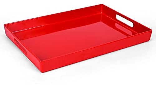 XMNFLY Serviertablett mit Griffen, 25.4x38.1 cm, rotes Melamin-Tablett, Serviertablett, Kaffee, Frühstück, Küche, Arbeitsplatte, Make-up-Schublade, Schminktisch-Tablett, dekoratives Tablett