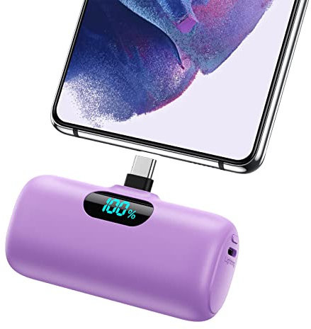 Feob Mini Power Bank USB C 5000mAh, 15W PD 3.0A Carica Rapida Caricabatterie Portatile Compatta e Carino Powerbank Batteria Esterna con LED Display per iPhone 16/15 Pro Samsung, ecc - Viola