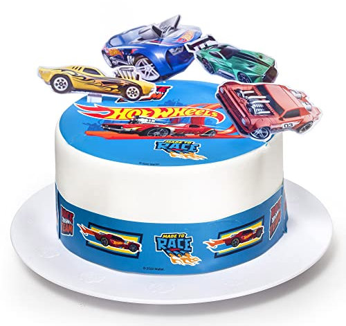 Kardasis Hot WHeeLS mit Zuckerbändern und Papierfiguren | Essbarer Aufleger für Torten und Kuchen | Tortendekoration für den Hot WHeeLS Themengeburtstag | 20cm + 3 Band 28x5cm + 4 Figuren