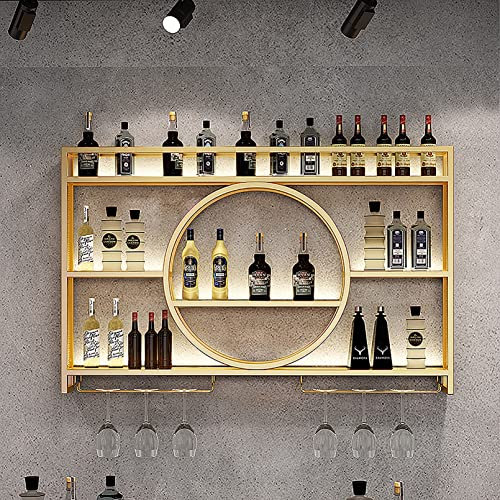 Modern Metal Wall Mounted Wine Display Rack, Bar Unit Floating Shelves, Wall-Mounted Wine Racks, Glass Rack Iron Display Stand Wine Holder with Shelves, for Home, Restaurant, Bars (Color : Gold, Siz