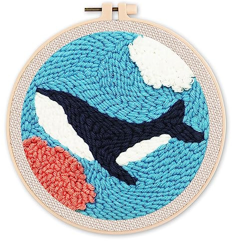Figured'Art Punch Needle Set für Erwachsene - Stickerei, ideal für Anfänger - Orca im Meer - 20x20cm mit rundem Rahmen