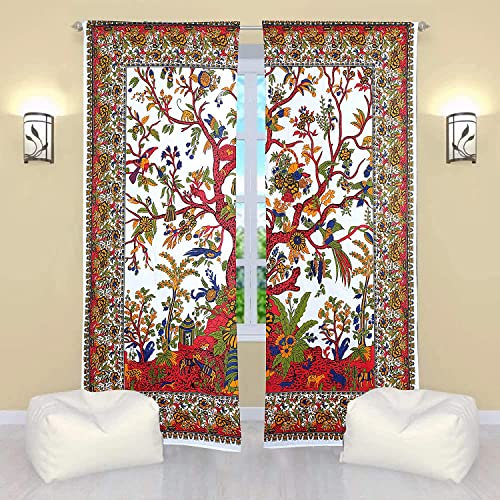 ALOFCART Baum des Lebens Mandala Tapisserie Wandbehang indische Fenstervorhänge Wandpaneele Boho (Weiß, Twin, 82 x 52 Zoll)