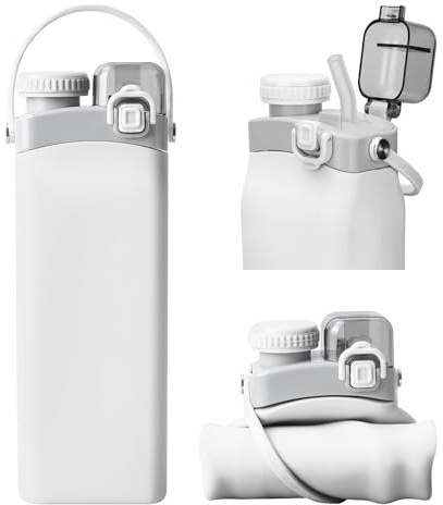 Nefeeko Faltbare Trinkflasche, 600ml Silikon Wasserflasche mit Strohhalm, Mehrweg Auslaufsichere Wasserflasche BPA Frei Sport Trinkflasche für Reisen Camping Yoga Schule Outdoor (Weiß)