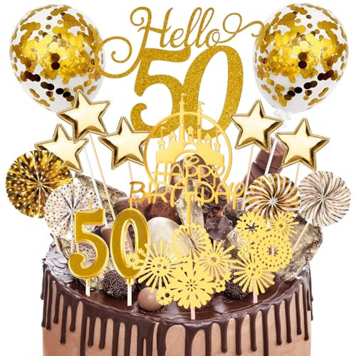 AIYONG Tortendeko 50 Geburtstag Frau Mann, Cake Topper 50 Happy Birthday, 17Pcs Kuchen Geburtstag Deko, Topper mit Zahlenkerze 50, Sternen Konfetti-Luftballons und Papierfächer Gold