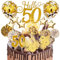 AIYONG Tortendeko 50 Geburtstag Frau Mann, Cake Topper 50 Happy Birthday, 17Pcs Kuchen Geburtstag Deko, Topper mit Zahlenkerze 50, Sternen Konfetti-Luftballons und Papierfächer Gold