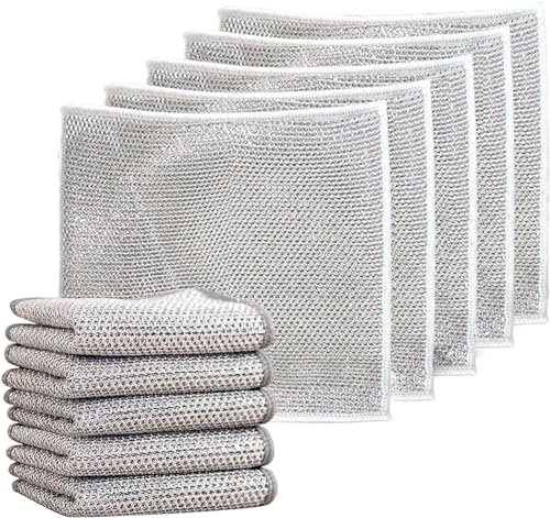 OUZHOU Multipurpose Wire Dishwashing Rags for Wet and Dry, 10pcs Non-Scratch Wire Dishcloth, Reusable Kitchen Cleaning Towels Dish Cloths Removes Stubborn Stains From Dishes,Pots,Grills,Stoves