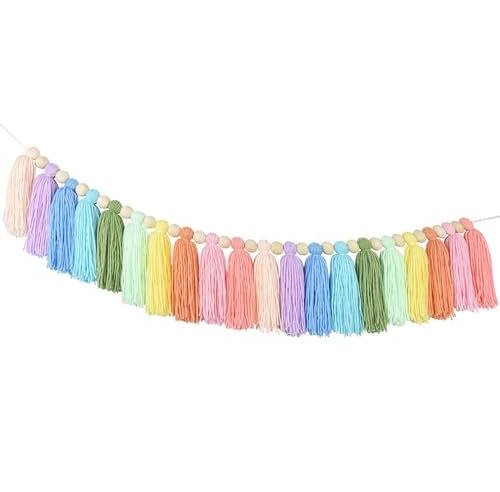 ieron Girlande aus Baumwolle, Regenbogen-Quaste, Banner, Boho, bunt, pastellfarben, dekorativer Wandbehang, Dekoration für Kinderzimmer, Schlafzimmer, Geburtstag, Weihnachten, Party