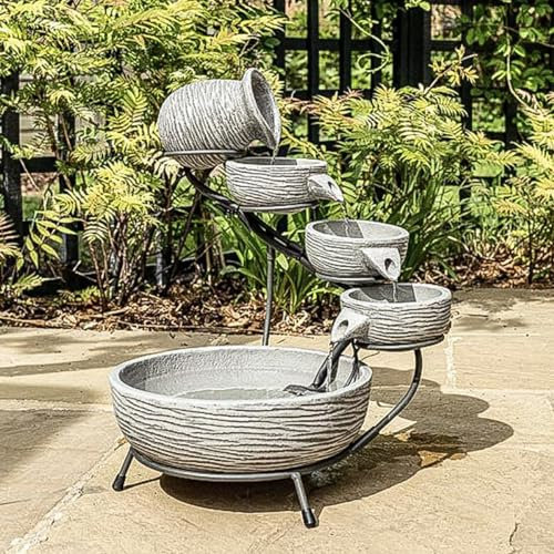 Festive Lights - 49cm Solar Poseidon Rock Cascade Water Feature - Grey Concrete & Metal, IP44 Rated, Outdoor Garden Fountain - External Panel, Tranquil Flow, Calming Sound, Easy Installation