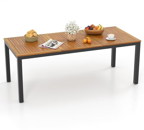 COSTWAY Mesa Jardin Exterior de Madera Acacia, 200 x 90 cm, Mesa Comedor Exterior para 8 Personas, Orificio para Sombrilla, Mesa Rectangular Terraza Balcon Jardin, Natural y Negro