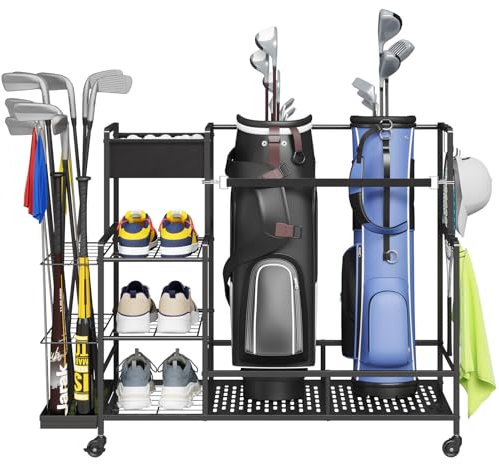 Lifewit Golf Bag Organizer, 2 Golf Bags Stand, Golf Club Holder with Wheels, 4 Removable Hooks, Shoe racks for Golf Equipment Accessories, Golf Organizers and Storage for Garage, Basement, Shed