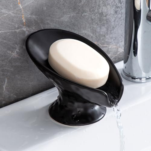 Porte-savon auto-drainant, en forme de feuille, porte-savon en céramique noire pour salle de bain, cuisine, douche, garde le savon sec, facile à nettoyer (noir mat)