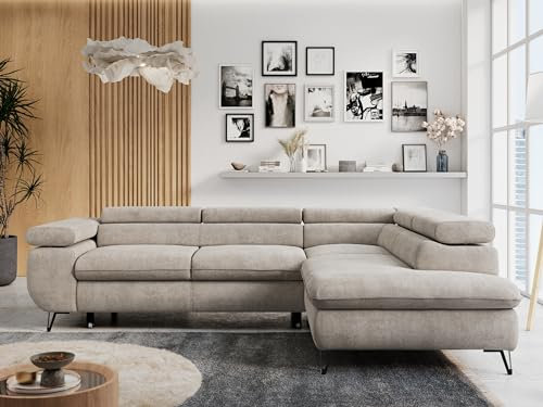 MKS MEBLE Ecksofa Sofa Beige, Wohnlandschaft L-Form mit Schlaffunktion und Bettkasten, Schlafsofa mit Bettkasten, Sofa mit Einstellbare Kopfstützen, Peter L - Beige Struktur - Rechts Beige