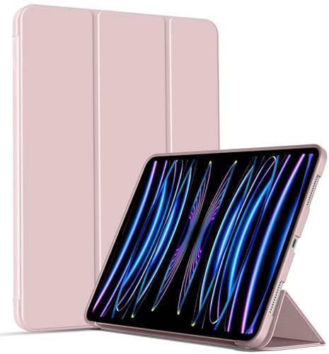IAMKHO Hülle für iPad Pro 11 Zoll 2022/2021/2020 (4/3/2 Generation), Dünne Dreifach Faltbare Standhülle Unterstützung 2. Gen Pencil Aufladung, Auto Schlafen/Wachen (Rosa)
