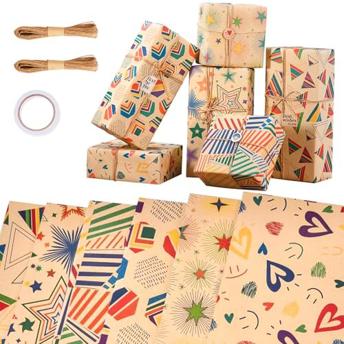 Zindoo Papier Cadeau Papier Emballage Cadeau avec Autocollants et Ficelle Papier Cadeau Kraft Colorés Recyclable pour Anniversaire Fête Noël Saint-Valentin Mariage