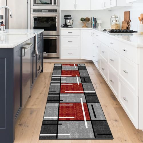 WTHYGB Teppich Läufer Flur rutschfest 60x120 cm Teppichläufer Flur Waschbar, Lang Modern Küchenteppich, Flurläufer, Teppich Läufer für Flur, Küche, Korridor, Schlafzimmer, Wohnzimmer, Rot