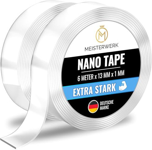 MEISTERWERK - Doppelseitiges Nano-Klebeband [EXTRA STARK] - Klebstofffrei & Spurlos dank Gecko-Effekt I Rutschfest - Waschbar & Wiederverwendbar